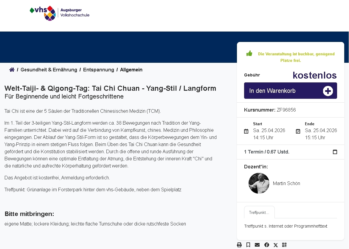 Tai Chi Chuan - Yang-Stil / Langform Für Beginnende und leicht Fortgeschrittene